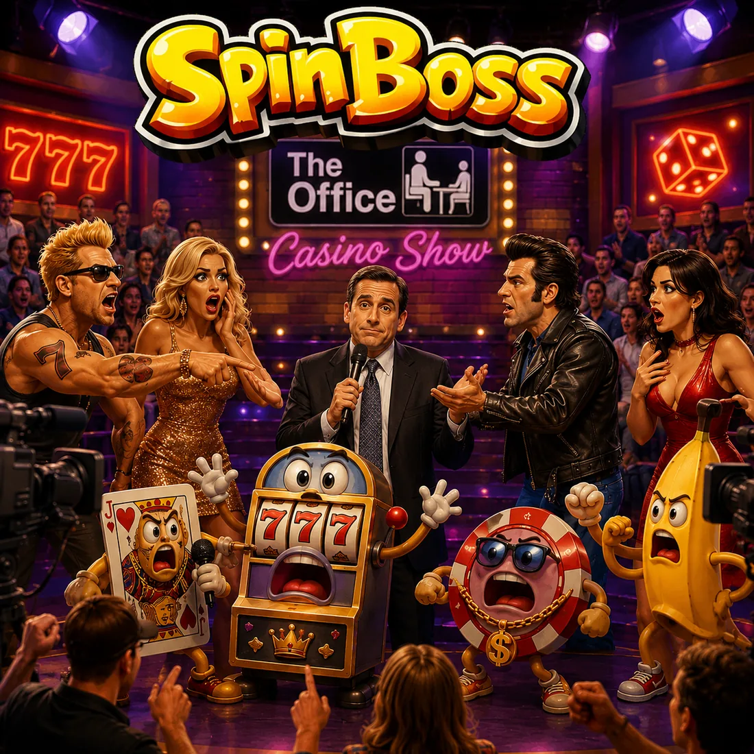 SpinBoss casino show with the boss king and slot characters